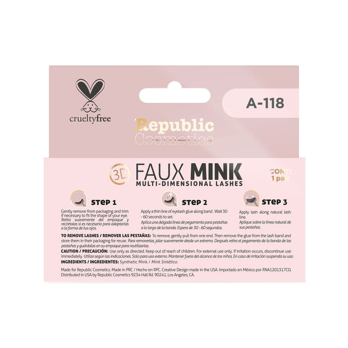 Republic Cosmetics 3D FAUX MINK Caja con un par Modelo A-118 Pestañas postizas Republic Cosmetics