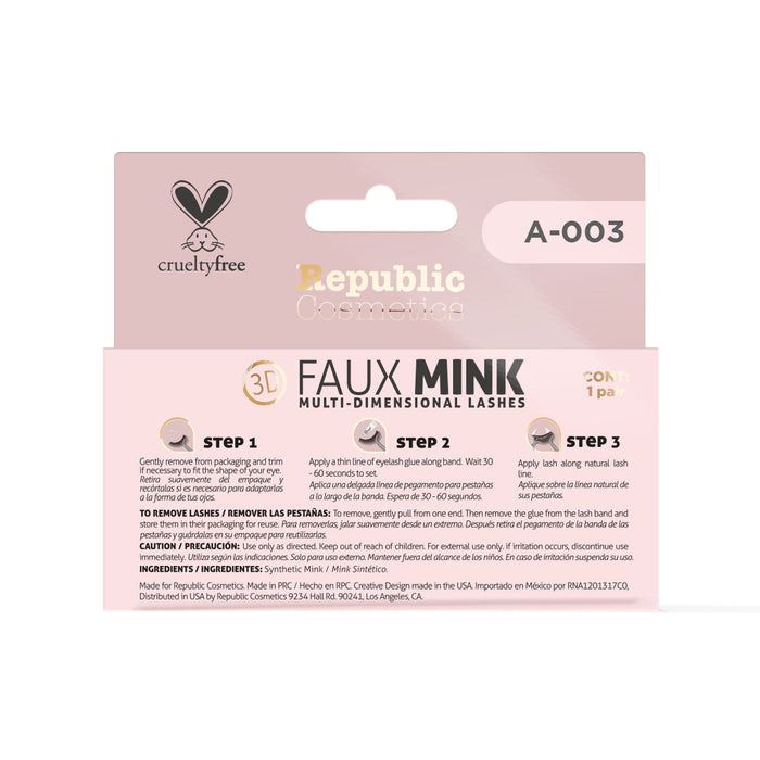 Republic Cosmetics 3D FAUX MINK Caja con un Par Modelo A-003 Pestañas postizas Republic Cosmetics