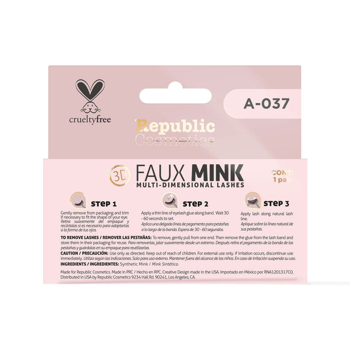 Republic Cosmetics 3D FAUX MINK Caja con un par Modelo A-037 Pestañas postizas Republic Cosmetics