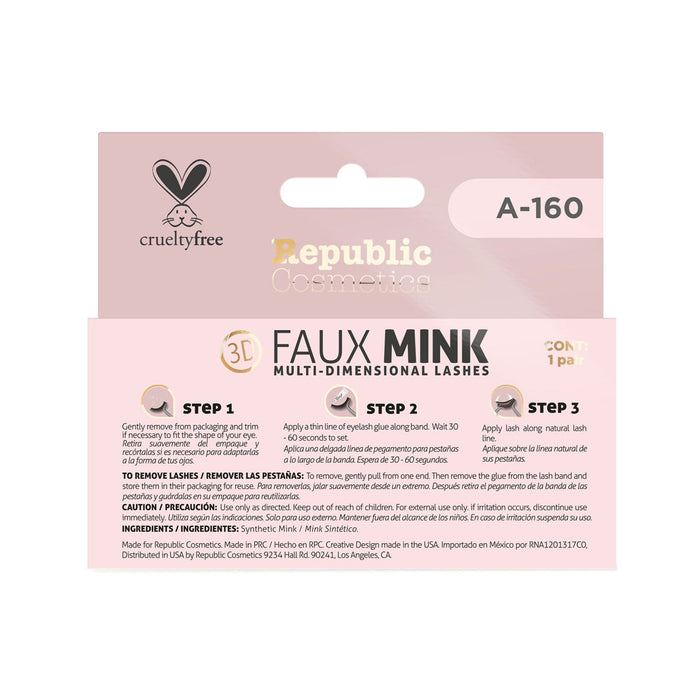 Republic Cosmetics 3D FAUX MINK Caja con un par Modelo A-160 Pestañas postizas Republic Cosmetics